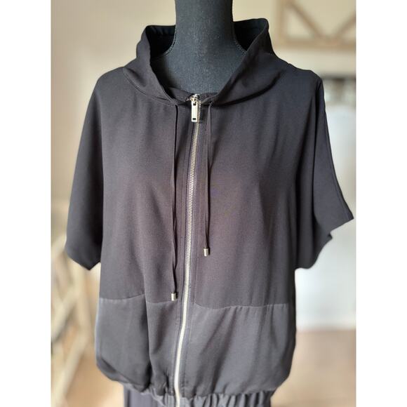 DKNY 2 Tone Satiny Finish Drawstring ZipUp Wide Neck Collared Elastic Waist - Picture 1 of 6